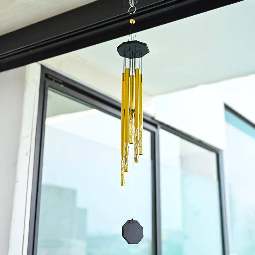 Hindcraft Wind Chimes for Bedroom, Living Room, and Balcony – Home Décor Gift Items for Positive Energy, Housewarming, and Room Décor | Hanging Bells and Showpieces for Home Decoration, Golden 5-Pipe