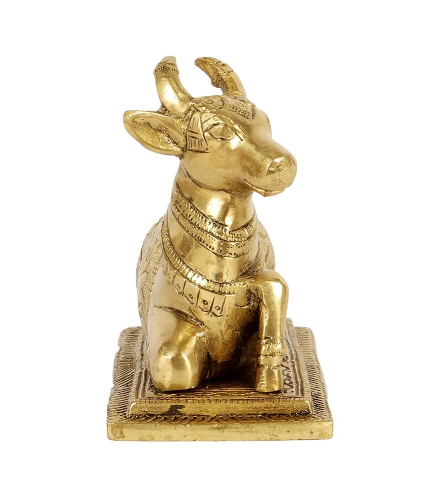 Two Moustaches Lotus Engraved 5 Inches Brass Nandi Cow Over Base, Brass Nandi Idol, Statue for Home/Temple, Nandi Bull Statue, Standard, Pack of 1