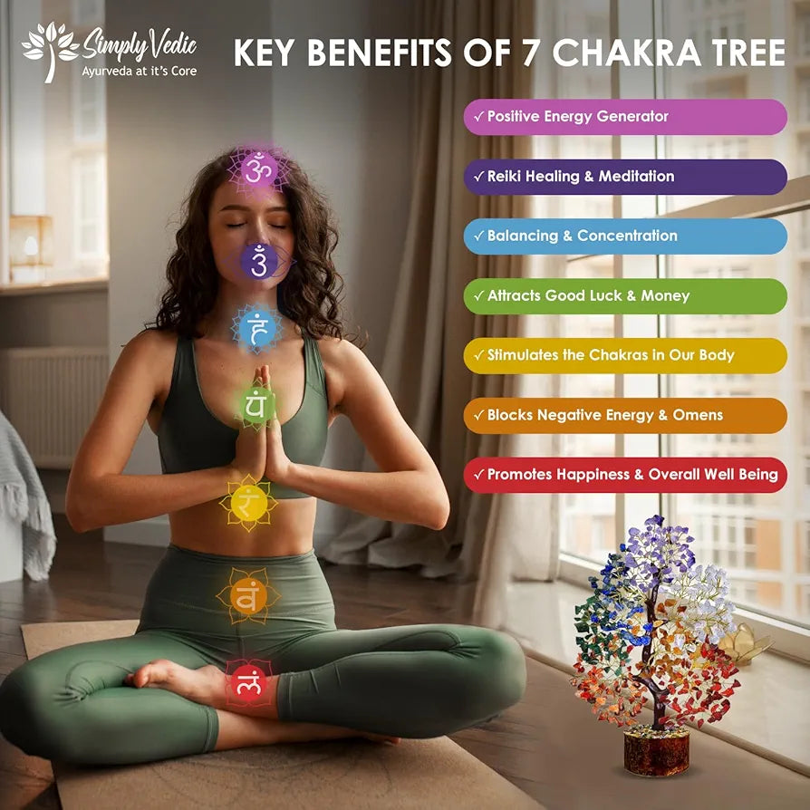 Simply Vedic 7 Chakra Crystal Tree 500 Beads| Gemstones Tree for Chakra Healing, Good Luck, Positive Energy| Feng Shui, Spiritual Gift, Meditation, Office Home Decor| Handmade by Traditional Artist