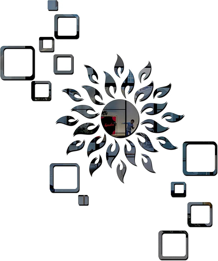 Bikri Kendra Art BK76, Sun with Square 2 Set - 3D Acrylic Wall Mount Mirror Stickers - Black