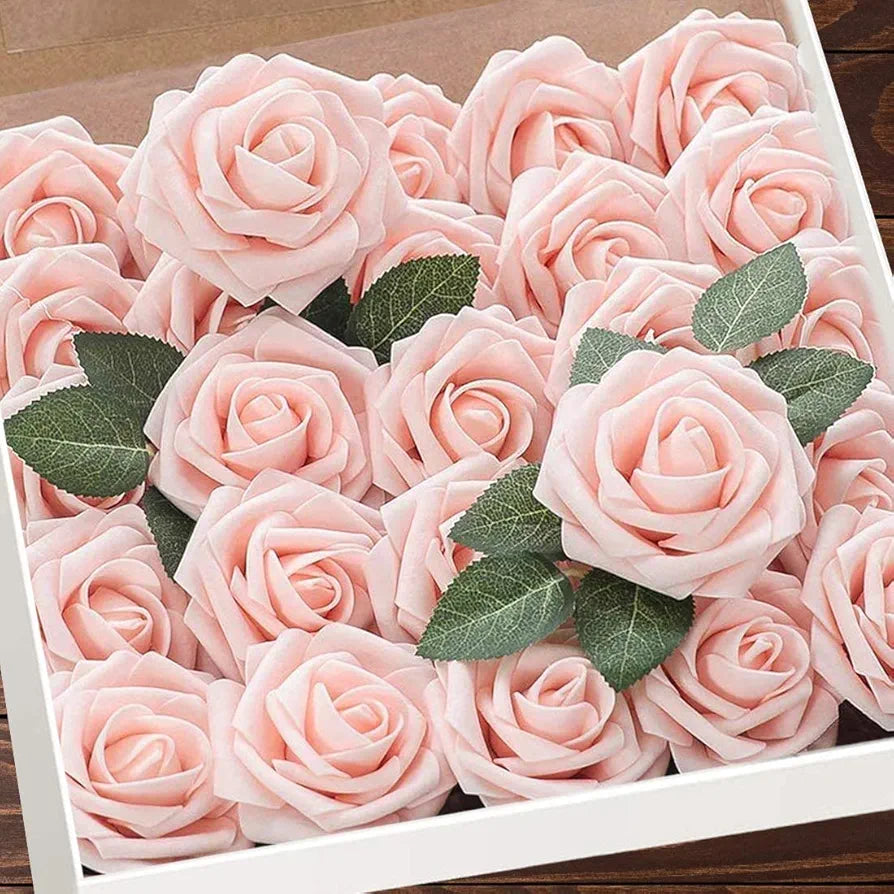 Higfra Artificial Flowers Blush Fake Roses Real Looking Foam Roses with Stem for DIY Wedding Bouquets Centerpieces Bridal Shower Party Home Decorations – Blush