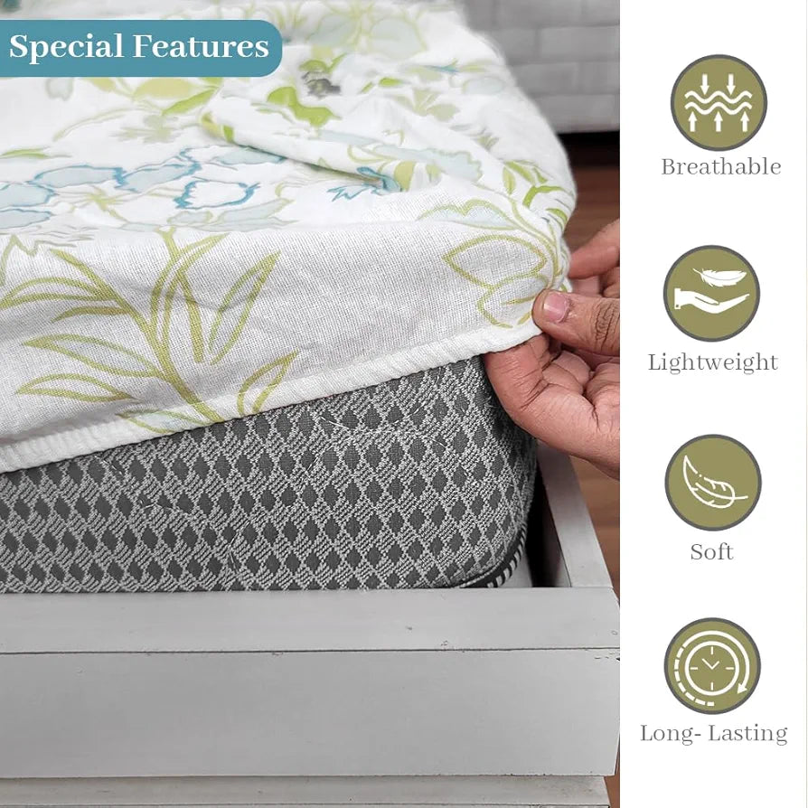 Divine Casa 100% Cotton Fitted Bedsheet Set for Single Bed | 1 Single Cotton Bedsheet & Pillow Cover | 144 TC Breathable & Wrinkle-Free Aesthetic Single Bedsheet Set - Floral