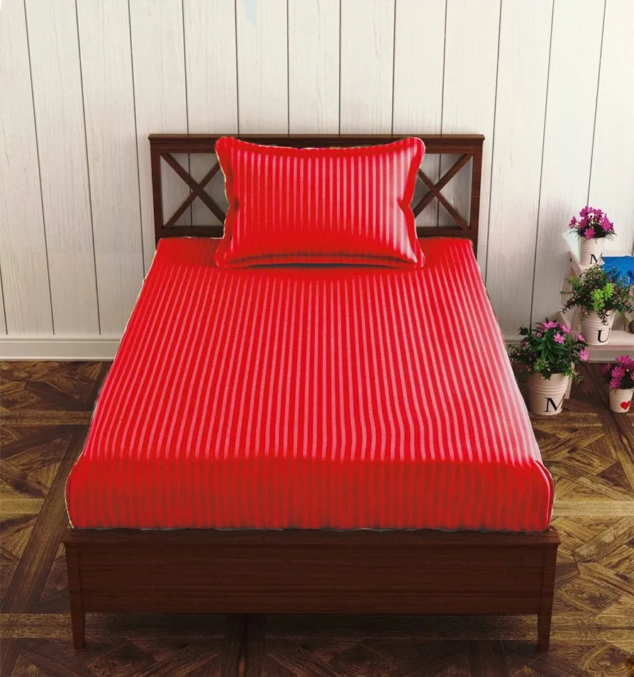 Trance Home Linen 100% Cotton 78x36 inch Single Fitted 200TC Satin Stripe Elastic Fitted Bedsheet | Single Bed Size Daily use Fitted Bedspread with 1 Pillow Covers 