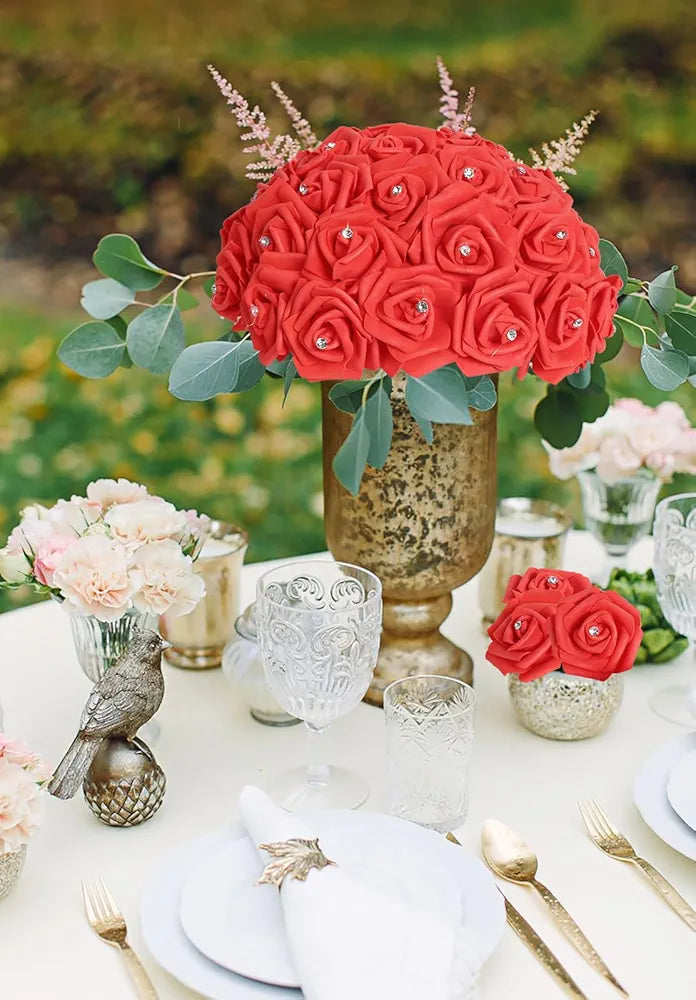 IPOPU 100pcs Red Foam Rose Artificial Flower Bulk with Crystal 3in Real Looking Stemless Fake Roses for DIY Craft Wedding Bouquets Wall Decoration Bridal Shower Arrangement Home Decorations