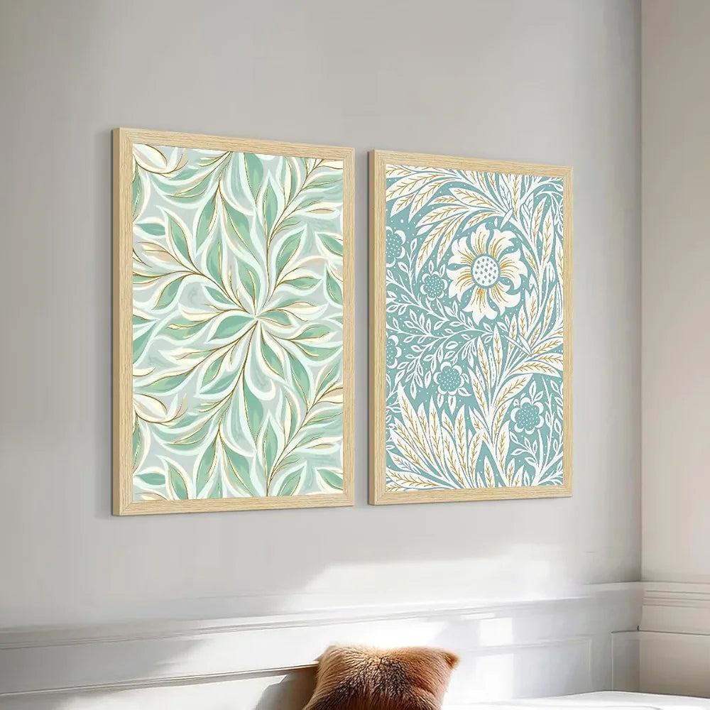 ArtX Paper Floral Art Paintings with Frame for Home Decor, Madhubani Wall Paintings for Living Room, Multicolor, Natural Wood Color Frames, Set of 2