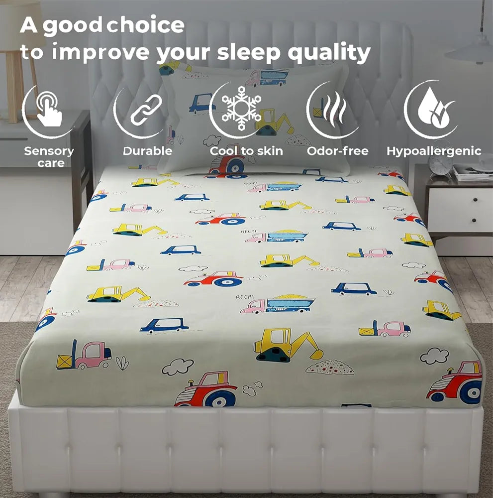 FRESH FROM LOOM Glace Cotton 300 tc Wrinkle Free Soft Hypoallergenic Elastic Fitted Bed Sheet With 1 Pillow Cover|Cartoon Printed |Cream), Smallsingle