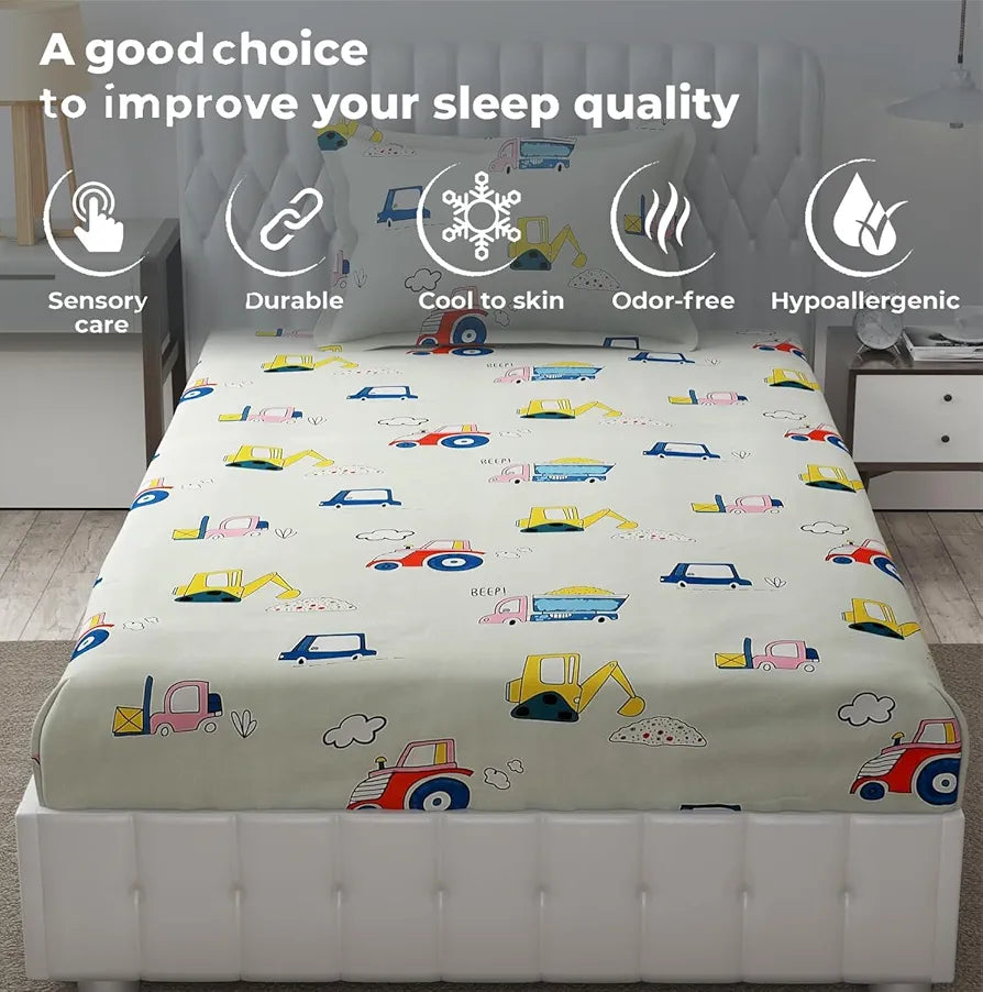 FRESH FROM LOOM Glace Cotton Wrinkle Free Soft Hypoallergenic Bed Sheet | Cartoon Printed | Single Bedsheet With One Pillow Cover Kids Bedsheet For Boys & Girls Room , 144 TC