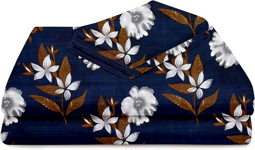 HOMEKART 100% Microfiber bedsheet for Double Bed with 2 Pillow Covers Breathable | Wrinklefree and Soft Touch 144 TC Pattren Floral Blue and White| TC - 144