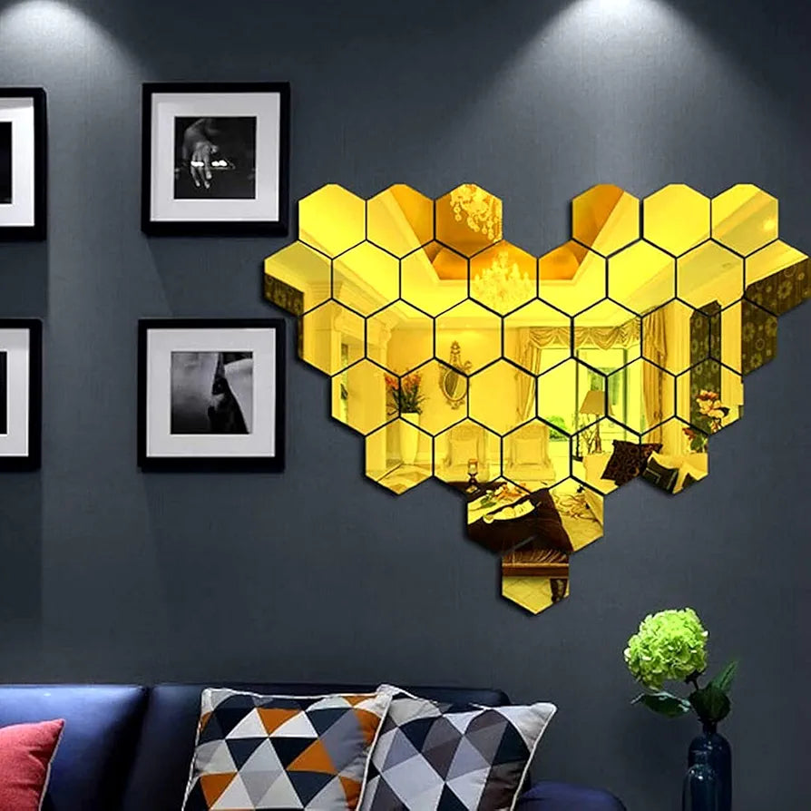 Bikri Kendra - Hexagon 28 Golden with 20 Butterfly Stickers for Wall, Hexagon Stickers, Acrylic Sticker, Hexagonal Mirror Wall-Self-Adhesive