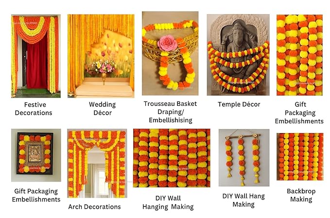 SPHINX Artificial Marigold Flower Garlands–Fluffy Marigold Strings for Diwali,Pooja,Wedding,Festival,Housewarming,Home,Mandir,Wall,Door,Home Decor–Reusable Trousseau Gift - Yellow &Dark Orange,5 Pcs
