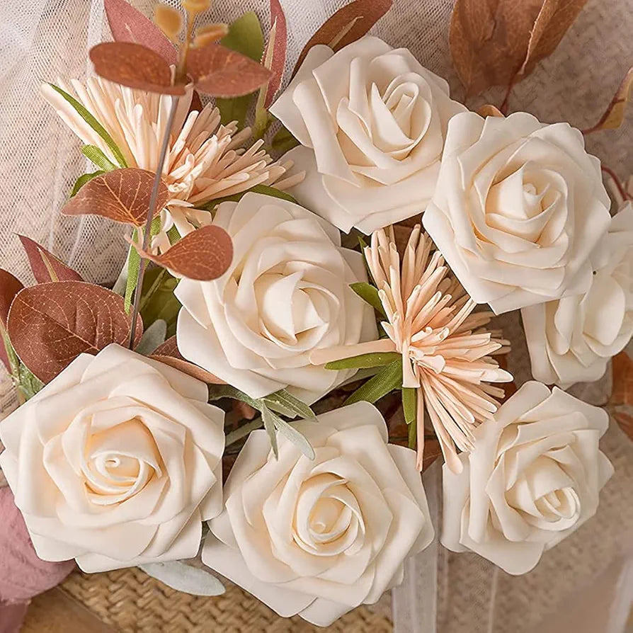 Artificial Flowers Champagne Roses W/Stem, Rustic Farmhouse Decor for Home Wedding Kitchen and Office Ideal Bridal Shower Party Home Decorations 25pcs