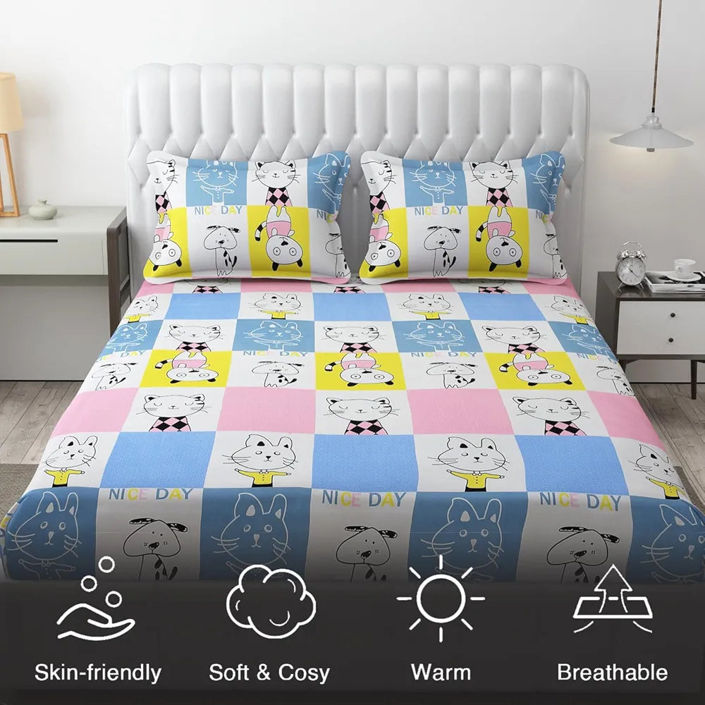 FRESH FROM LOOM Hypoallergenic Glace Cotton Kids Elastic Fitted Bedsheet,Rotary Printed,Wrinkle Free With 2 Pillow Covers,Aqua Pink,Nice Day),Double Bed,300 TC