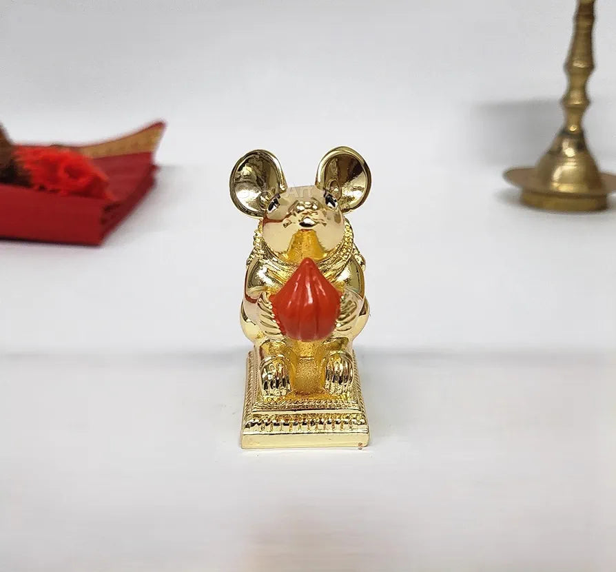 Gold Art India Gold-Plated Mushak  Mouse with Modak | Orange Terracotta Finish | Mouse Idol | Vehicle  of Lord Ganesha | 2.5 Inch Height | Home Decor, Mandir Pooja Room, Office Desk