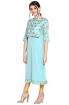 Janasya Women's Turquoise Blue Poly Crepe Gold Print A-Line with Attached Jacket Kurta