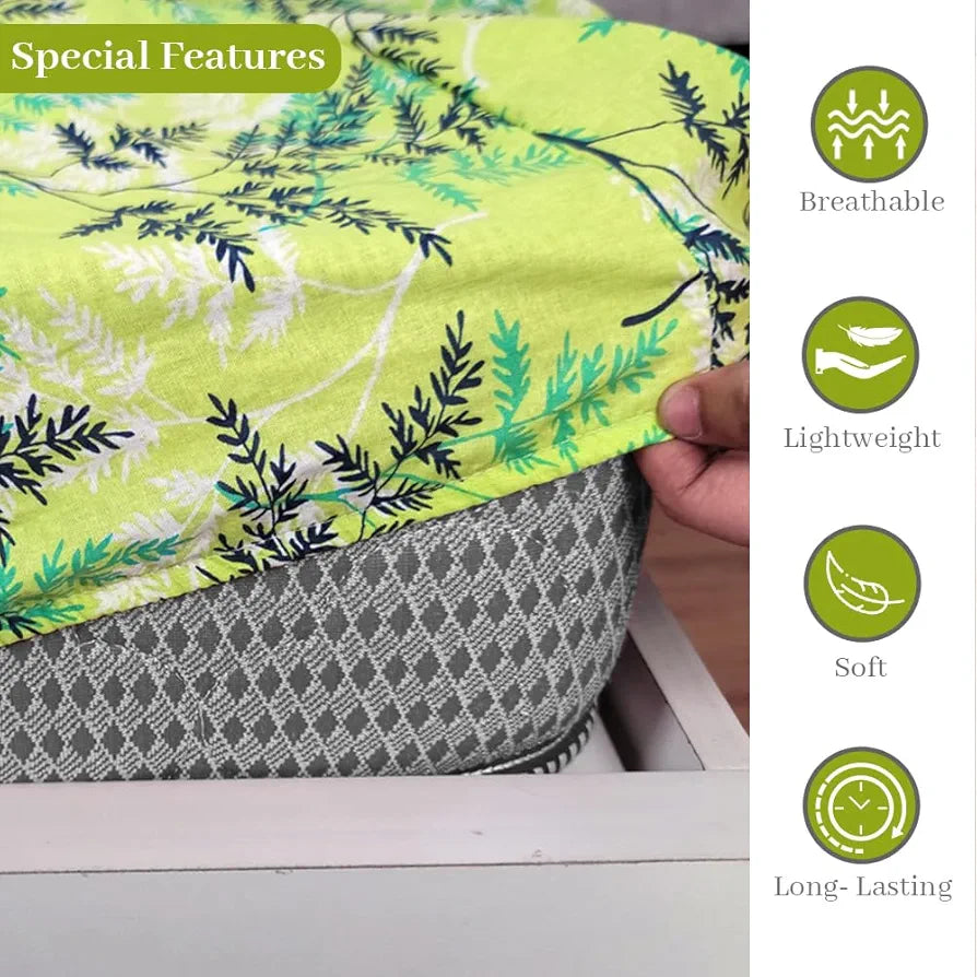 Divine Casa 144 TC 100% Cotton Floral Green Cotton Lightweight Elastic Fitted Double Bedsheets - 200 x 150 CM