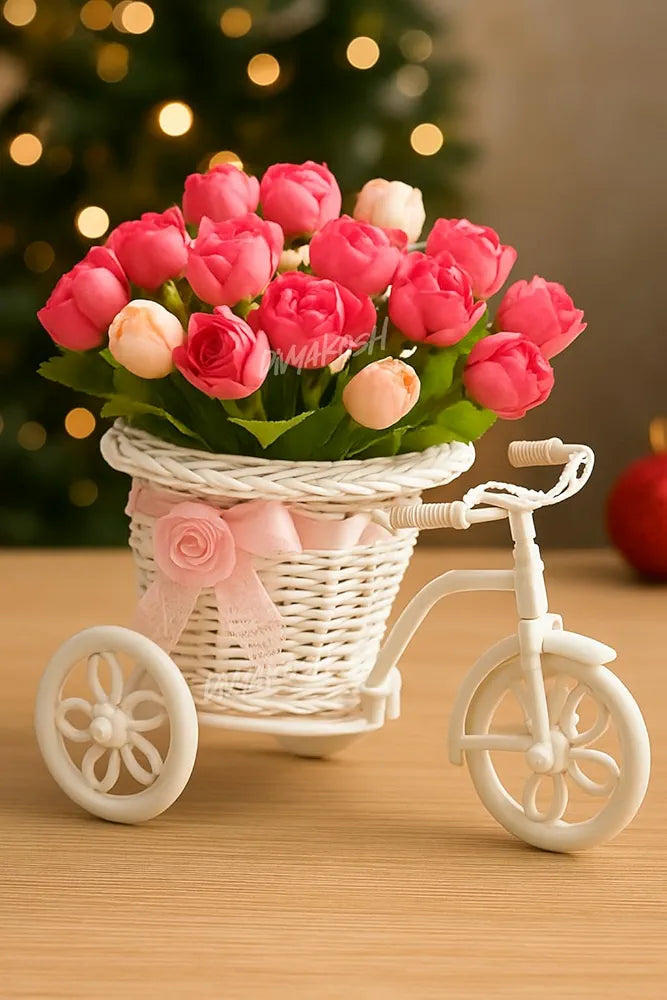 Divyakosh Artificial Peony Bunches Flower Basket with Decorative Tricycle Planter | Pink & Peach Faux Flowers with Wicker Basket | Home Decor, Table Centerpiece, Gifting