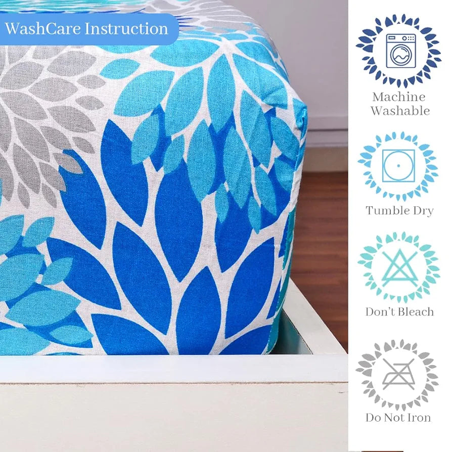 Divine Casa 144 TC Cotton Flower Print Queen Size Double Bed Elastic Fitted Bedsheet with 2 Pillow Cover 