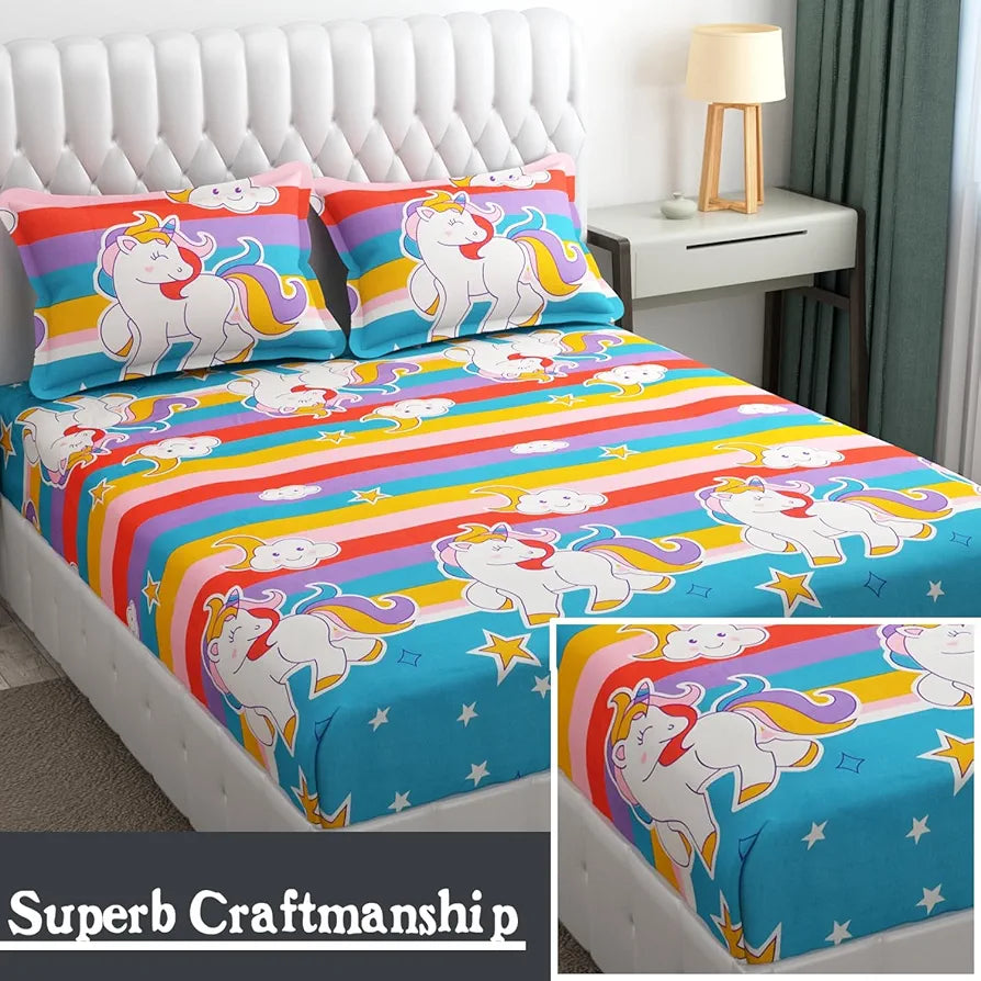 FRESH FROM LOOM Glace Cotton Wrinkle Free Soft Hypoallergenic Bed Sheet | Cartoon Printed Double Bedsheets King Size for Kids with 2 Pillow Cover 