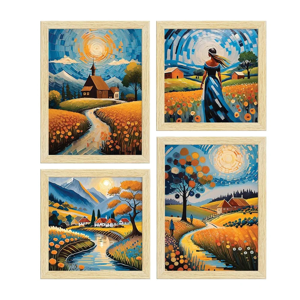 ArtX Paper Bohemian Village Sunrise Art Paintings with Frame for Home Decor, Wall Painting for Living Room, Multicolor, Natural Wood Color Frames, Set of 4