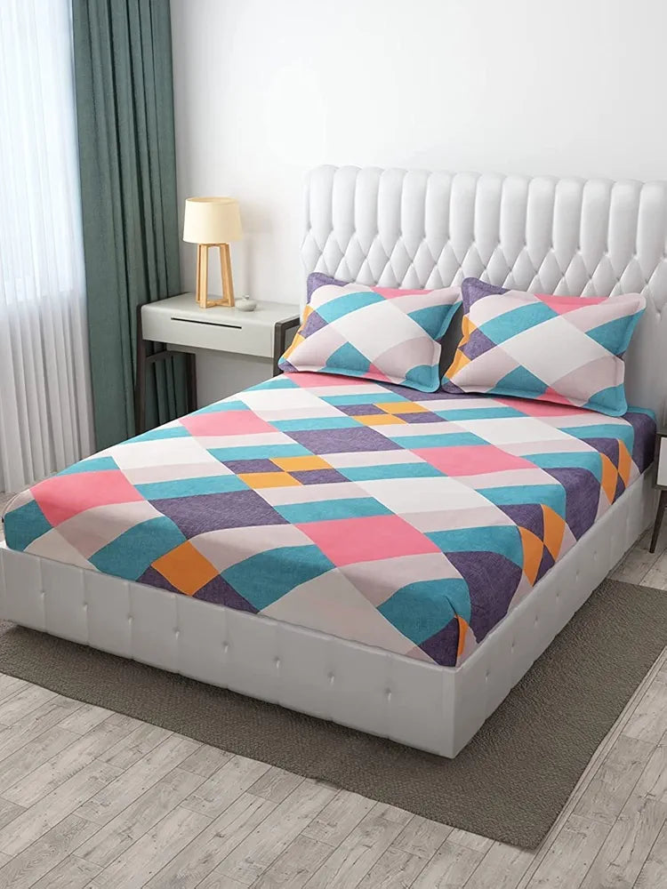 THE HOME STYLE Cotton Feel Glace Cotton All Around Elastic Fitted Printed King Size Double Bed Bedsheet With 2 Pillow Cover 300 TC 