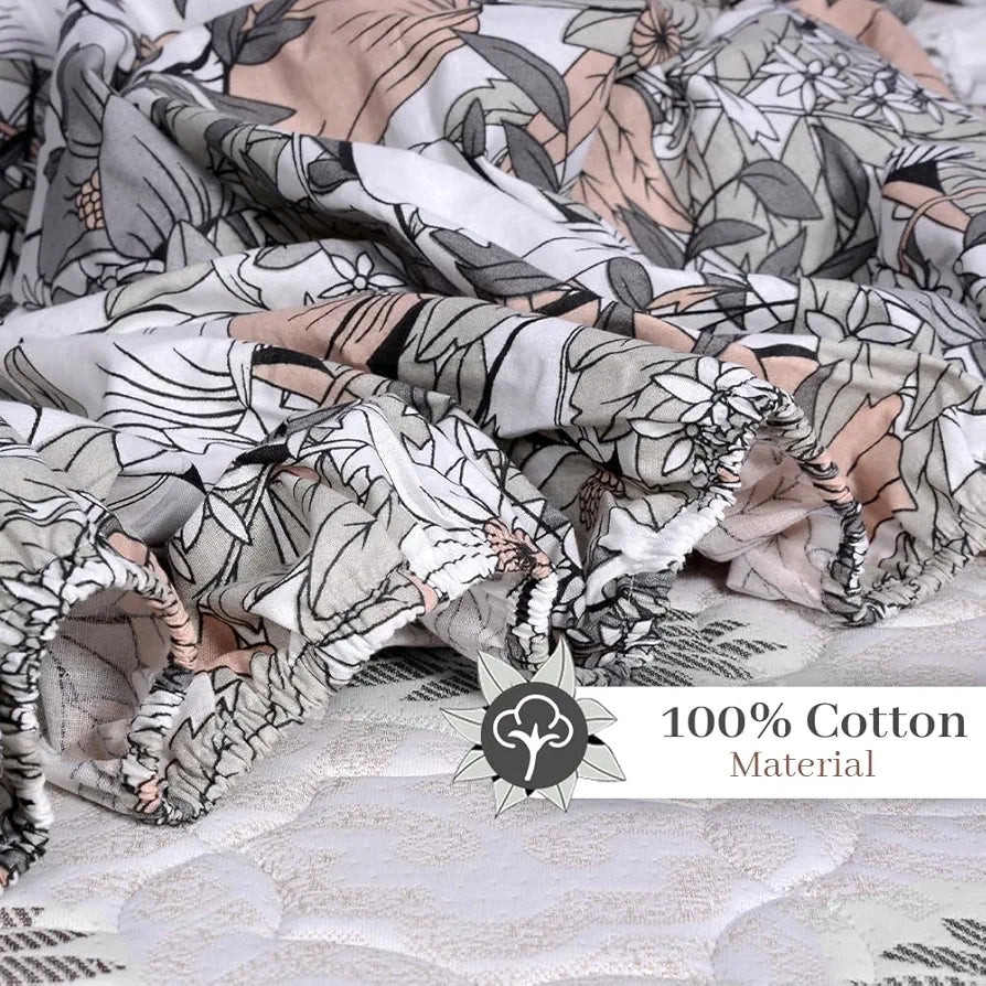 Divine Casa 144 TC Floral Grey 100% Cotton Elastic Fitted Bedsheets King Size with 2 Pillow Covers - 78 x 72 inches