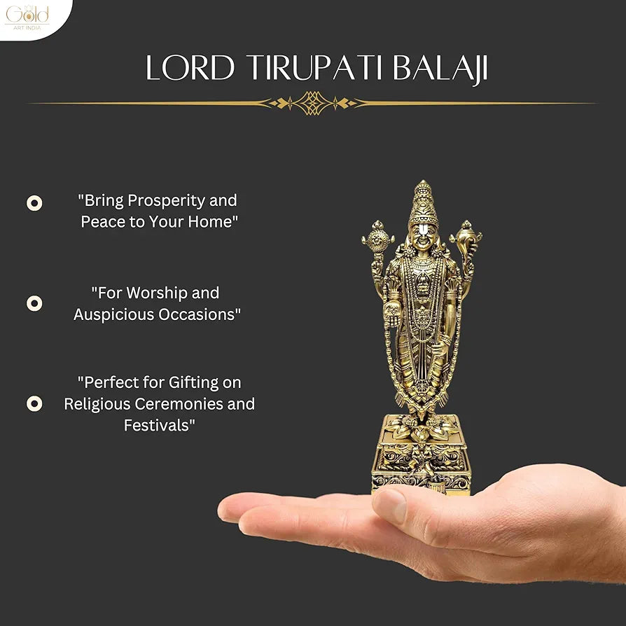 Gold Art India Lord Tirupati Balaji Gold Plated Matte Idol with Garuda for Car Dashboard | Vishnu Ji Idol for Office Desk | Venkateswara Swamy Murti for Home | Srinivasa Statue for Mandir 