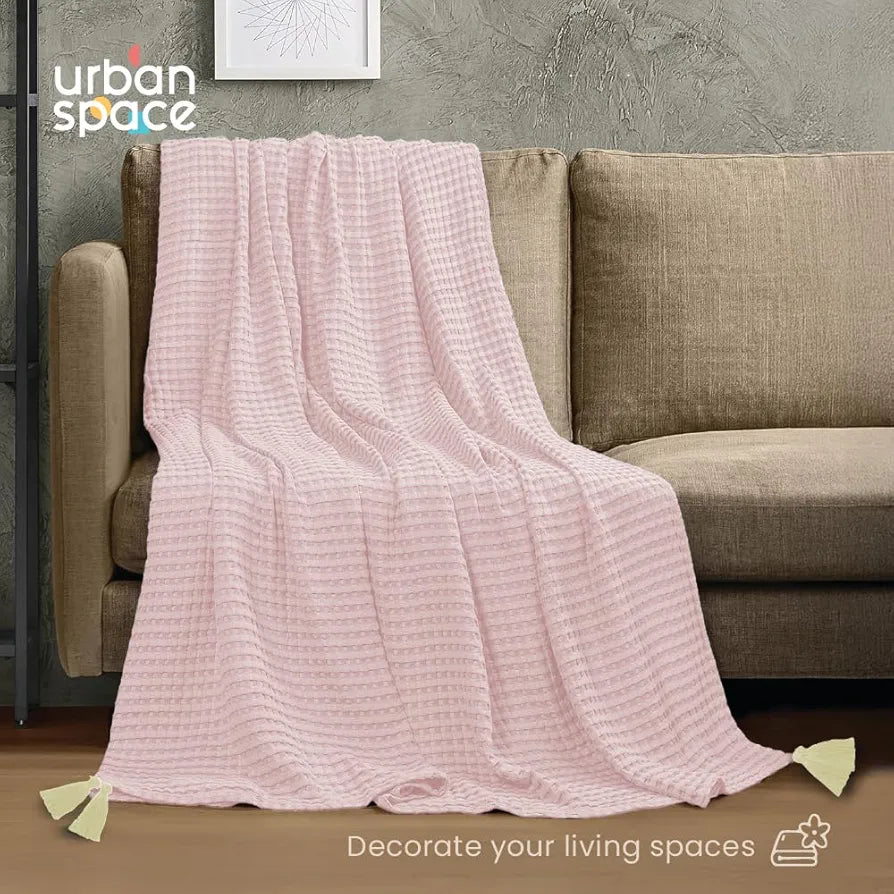 Urban Space 100% Cotton Waffle Throw Blanket, Soft Decorative Throw for Living Room, Sofa, Chair and Couch, Handmade,Reversible and Breathable Throw with Tassels 