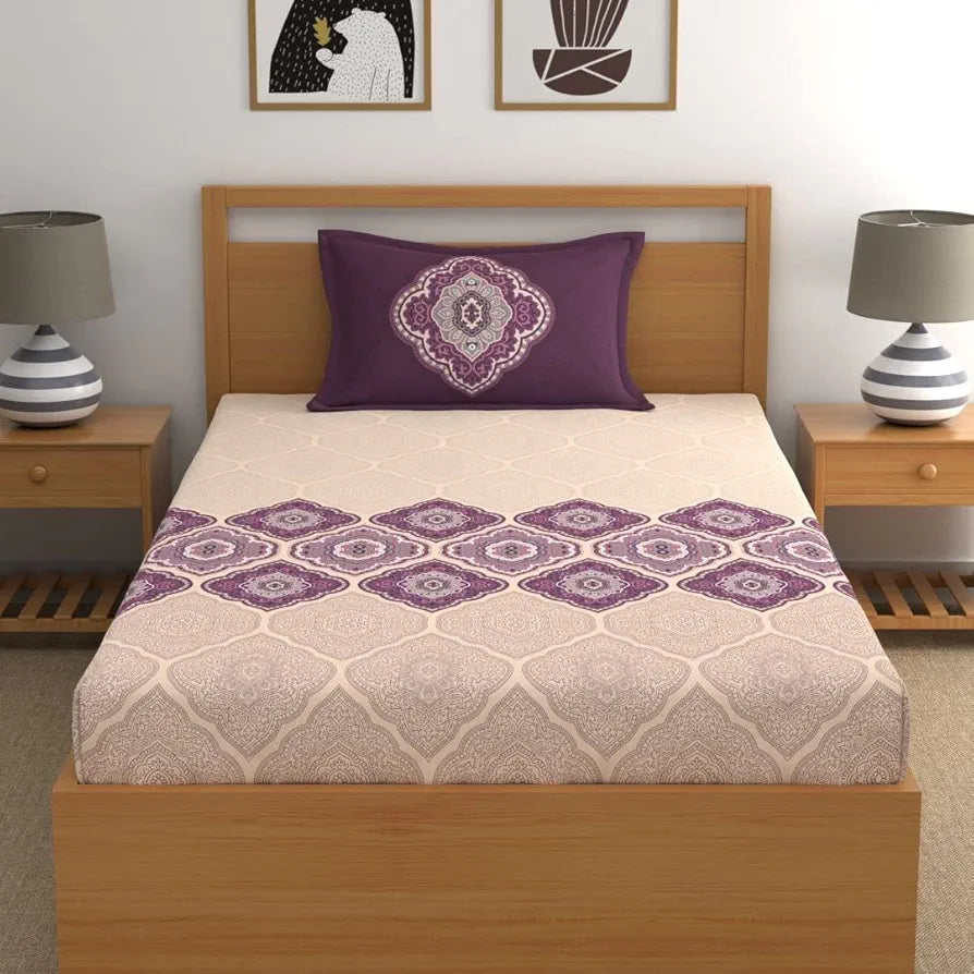 Dreamscape 100% Cotton Single Fitted Bedsheet with 1 Pillow Cover, 140 TC Cotton Ethnic Purple Bedsheet for Single Bed 