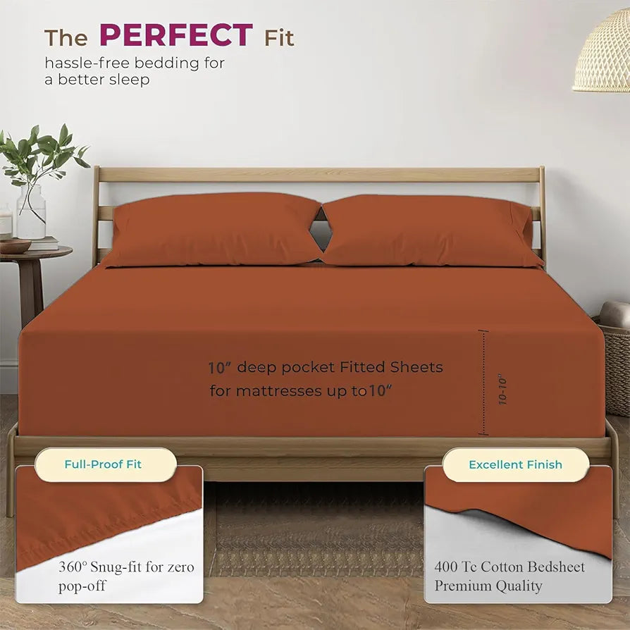 Trance Home Linen 100% Cotton 78 x 60 inch Queen Elastic Fitted Bedsheet | 400TC Premium Queen Double Bed Size Plain Fitted Elastic Bed Sheet with 2 Pillow Covers 