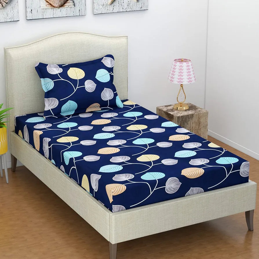 BSB HOME Premium Forever Modern Style Glace Cotton Floral Luxurious Beautiful Soft Comfort Designer Floral Pattern 1 Single Size Bed bedsheet and 1 Pillow Cover- Dark Blue & White Flower