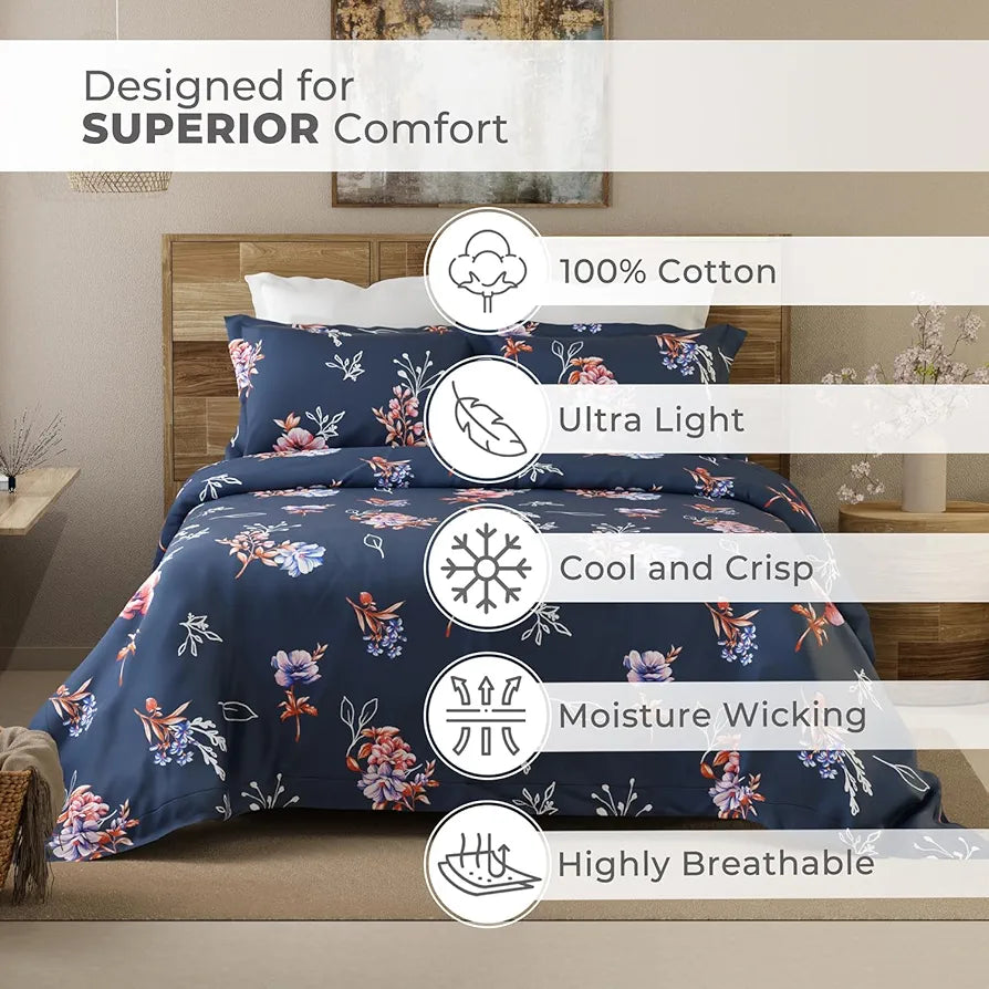 Emaline 100% Cotton King Bedsheet Set  | 1 King Cotton Bedsheet & 2 Pillow Covers | Breathable & Anti-Wrinkle | 144 TC | 