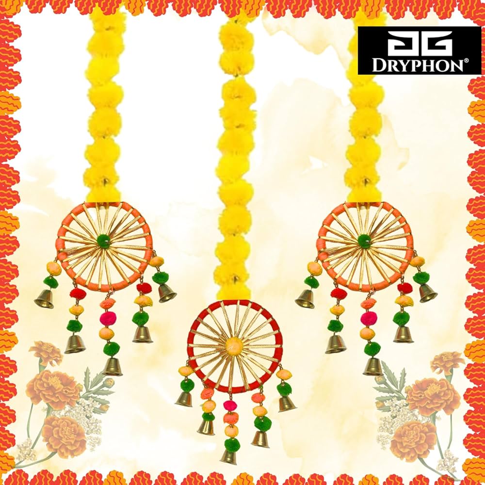 DRYPHON Artificial Marigold Flowers With Pom Pom Ring Bell Hanging Garlands for Home Decoration, Diwali, Wedding, Puja 