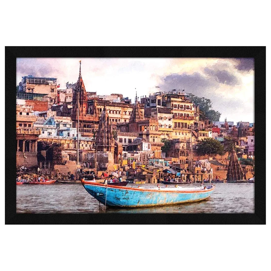 ArtX Paper Varanasi Ghat Wall Art Painting, Framed Painting Multicolor, Synthetic Wood 12.5X18.5 inches