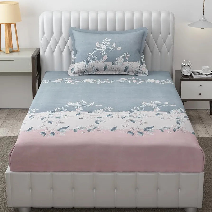 FRESH FROM LOOM Microfiber Single Bedsheet For Single Bed|Hypo-Allergenic Floral Design Bed Spread|Wrinkle Free Bedsheets/Bedcover|1 Pillow Covers Included,144 TC