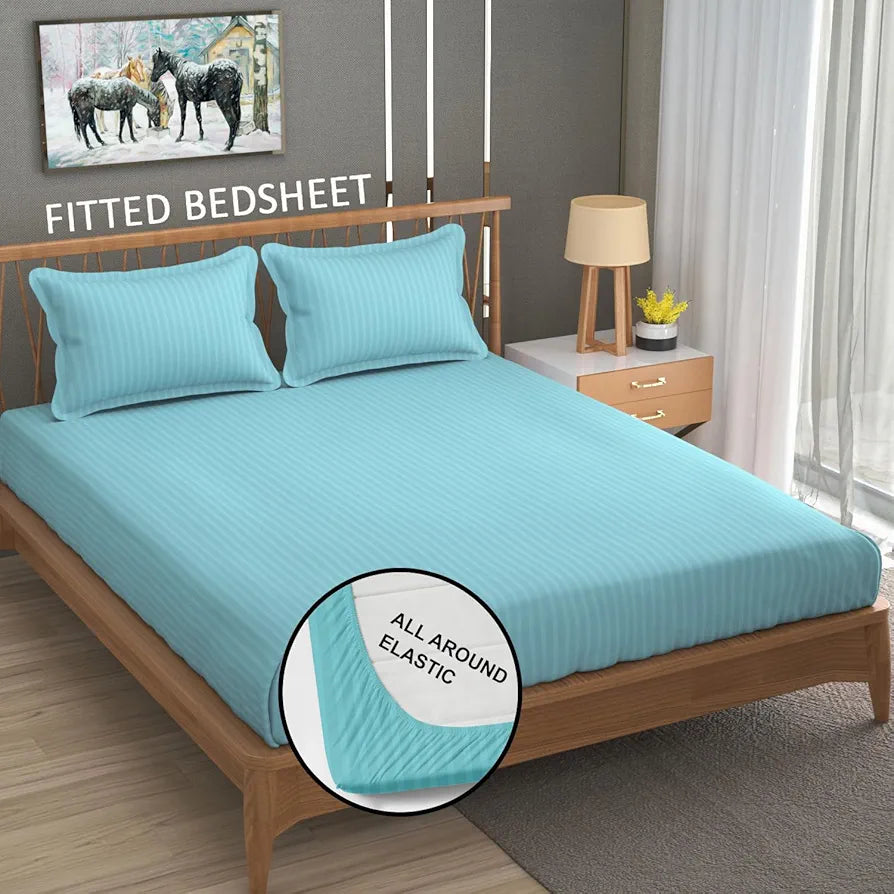 Homefab India 160 TC Stripe Cotton Feel Glace Cotton Elastic Fitted King Size Double Bed Bedsheet with 2 Pillow Covers Fits Upto 6 inches Mattress, Size-72X78 inches, Aqua Blue