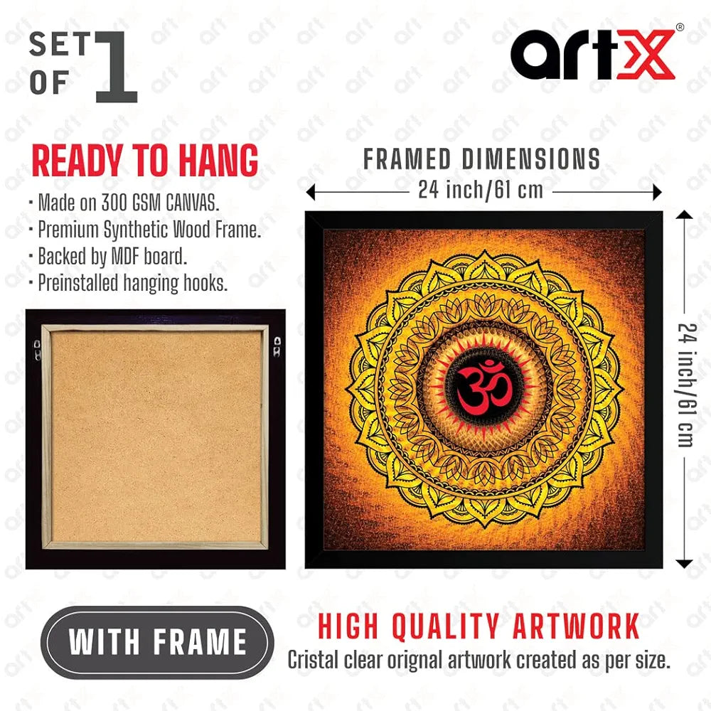 ArtX Oranage OM Mandala Big Canvas Painting For Living Room With Frame, Multicolour, Square, 24.0 x 24.0 inch, 2x2 Feet, Set Of 1