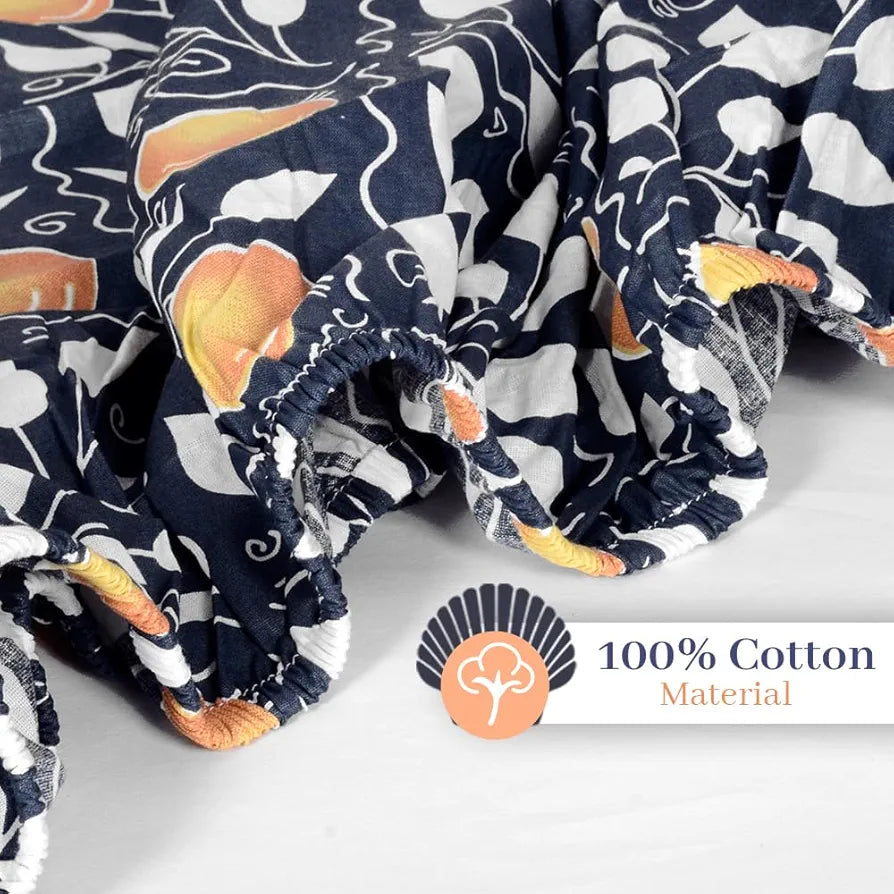 Divine Casa 144 TC 100% Cotton Deep Cobalt Floral King Size Elastic Fitted Bedsheet with 2 Pillow Covers | Elegant Double Bed Set for Bedroom -  cm