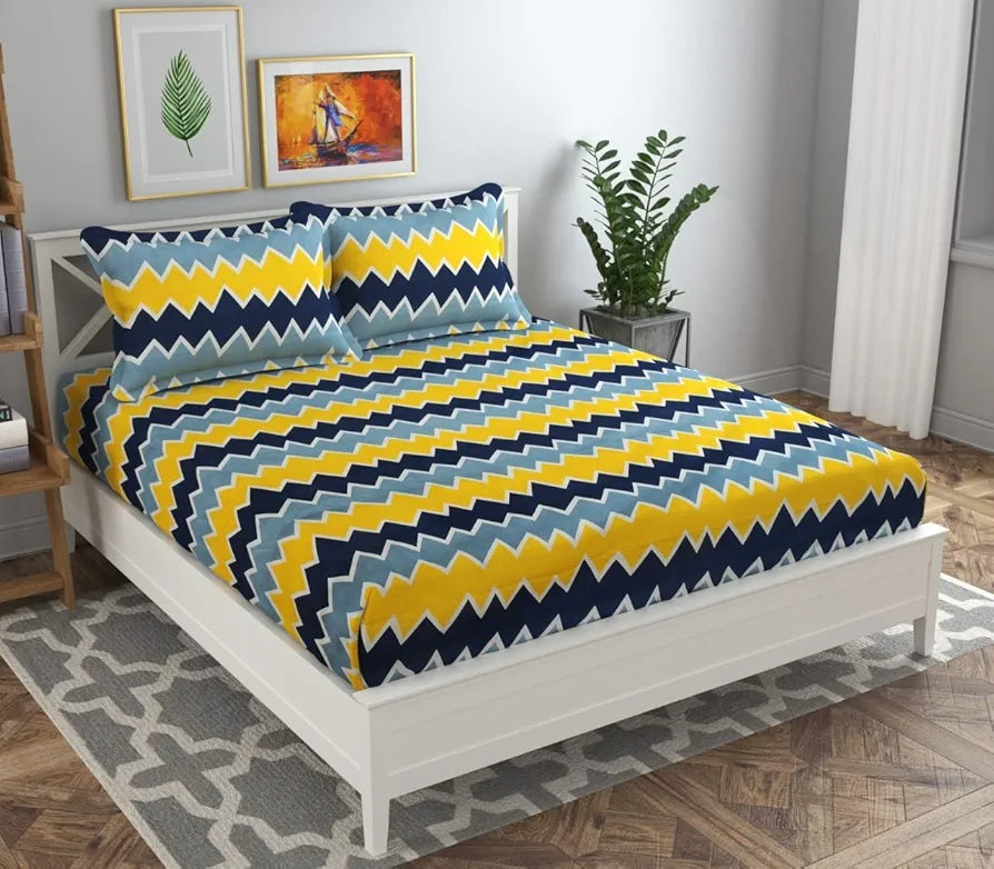 HOMEKART 100% Microfiber bedsheet for Double Bed with 2 Pillow Covers Breathable | Wrinklefree and Soft Touch 144 TC Pattren Zigzag Yellow and Grey| TC - 144