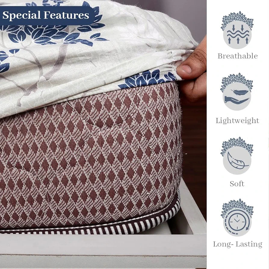 Divine Casa 144 TC 100% Cotton Floral Pattern Elastic Fitted Queen Size Bedsheet with 2 Pillow Covers | Cream & Brown Print, Ideal for Bedroom