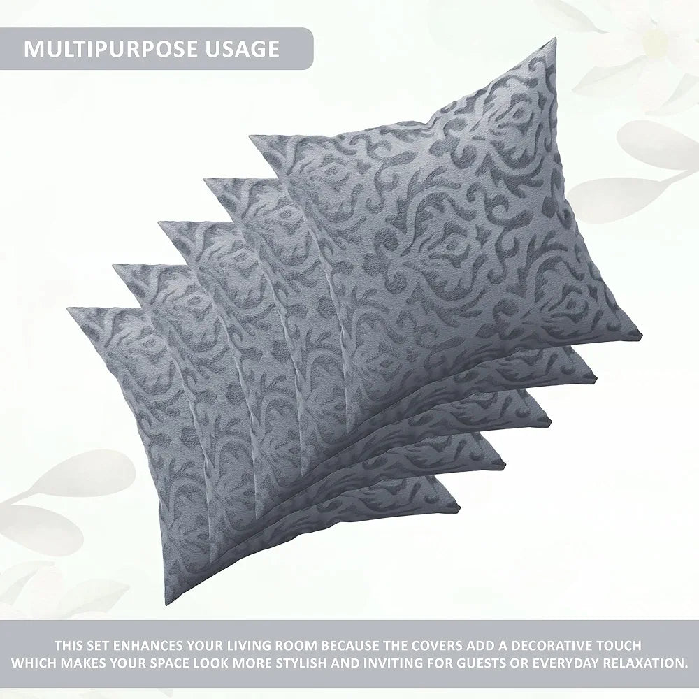 Kuber Industries Set of 5  Washable & Removable Velvet Sofa Pillow Covers with Zip | Soft Sofa Cushion Covers for Home & Bedroom Interiors | Floral Design - Grey