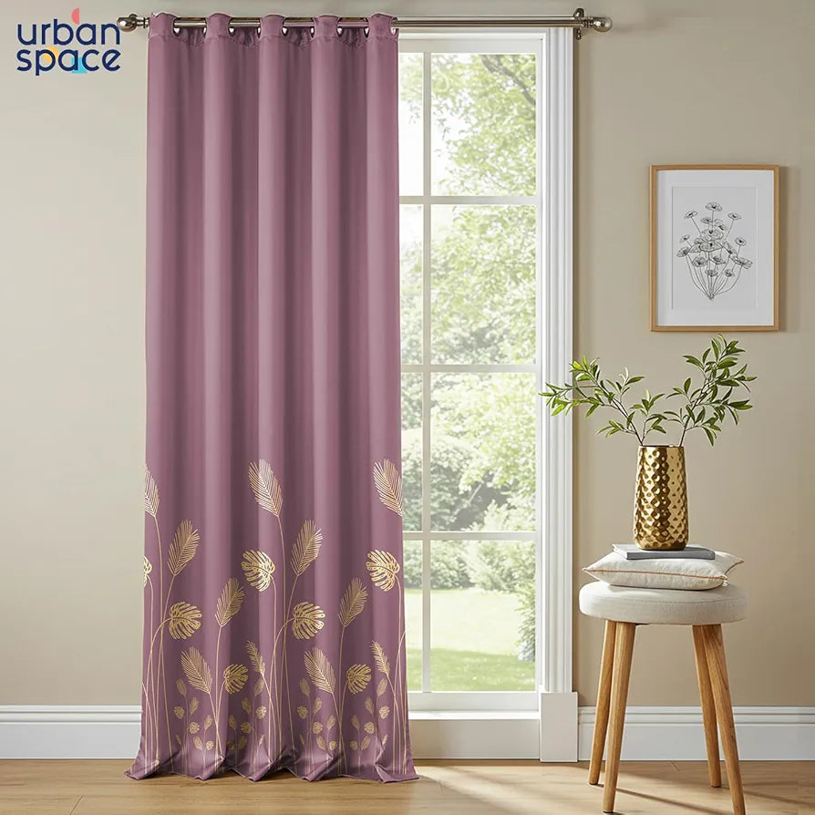 Urban Space Blackout Curtains for Living Room, Gold Foil Printed Luxurious 100% Blackout Decorative Door Curtain Eyelet with Tieback, 1 Piece 