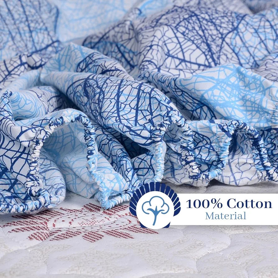 Divine Casa 144 TC Cotton Fitted Bedsheet for Double Bed | Elegant Iris Print – Dry Leaf Blue | Ultra-Soft & Breathable | Elastic Fit | 60