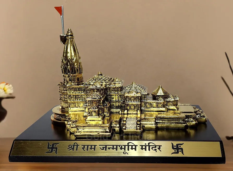 Gold Art India Ram Mandir Ayodhya Gold Plated Antique - Minature for Gifting, Puja Room, Office Desk, Home Decor 
