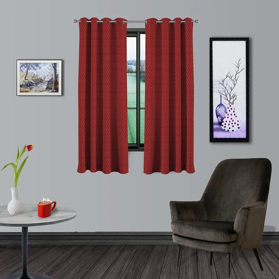 Divine Casa 5 Feet Zig Zag Design Window Curtains | Set of 2 Maroon Lightweight Polyester Panels with Metal Grommets | Modern Home Decor for Living Room & Bedroom