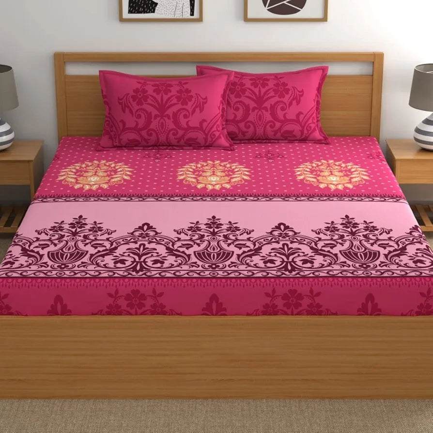 Dreamscape 100% Cotton King Fitted Floral Bedsheet With 2 Pillow Covers - 