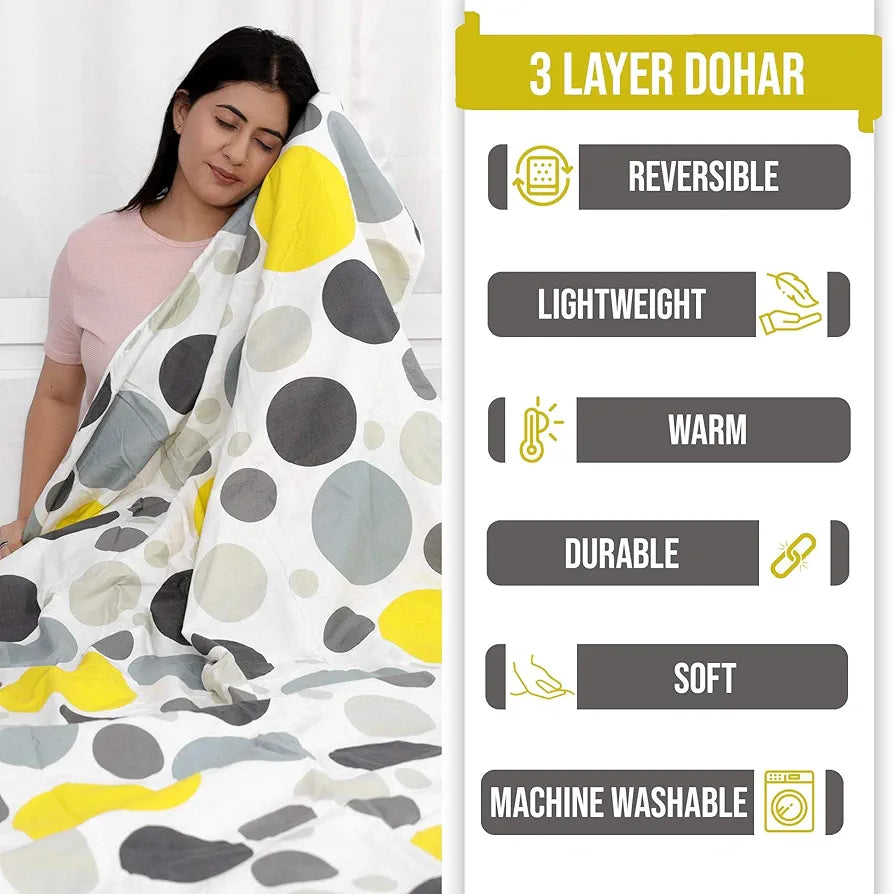 Divine Casa 100% Cotton Reversible Single Bed Dohar | Lightweight & Soft AC Blanket | Summer Quilt | 210 x 140 CM, Geometric Silver & Lemon