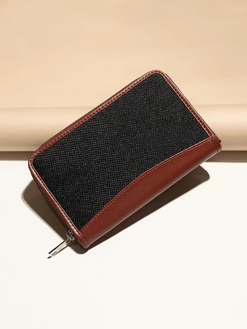 ZOUK Wallets for Women - Handmade Wallets for Females - Vegan Leather and Jute Purse for Ladies - Clutch with Indian Print - Wallets for Mobile Phones - Jet Black Print