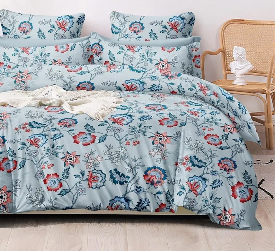 THE HOME STYLE Supersoft Cotton Feel Glace Cotton King Size Printed Flat Double Bedsheet wih 2 Pillow Cover II 400 TC, 90