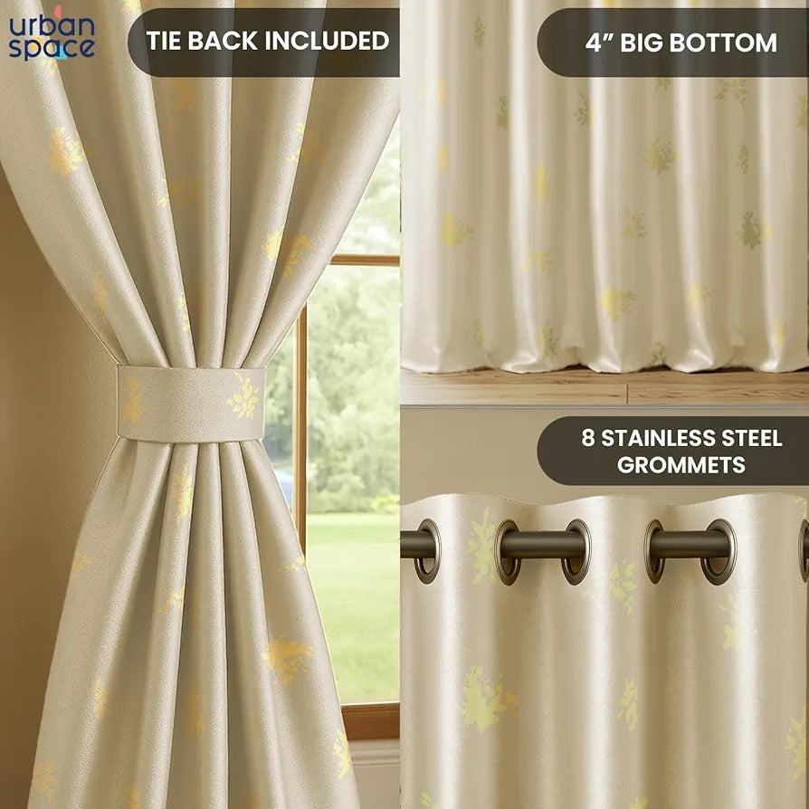 Urban Space Blackout Curtains for Living Room, Gold Foil Printed Luxurious 100% Blackout Decorative Door Curtain Eyelet with Tieback, 1 Piece 