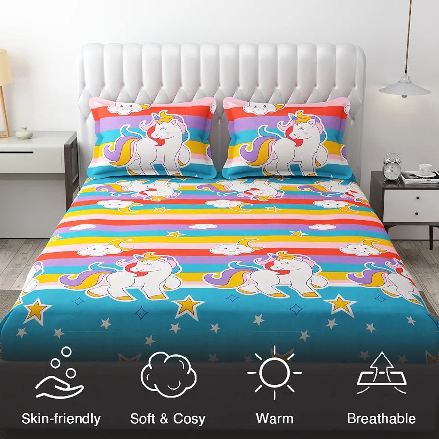 FRESH FROM LOOM Glace Cotton Wrinkle Free Soft Hypoallergenic Bed Sheet | Cartoon Printed Double Bedsheets King Size for Kids with 2 Pillow Cover 